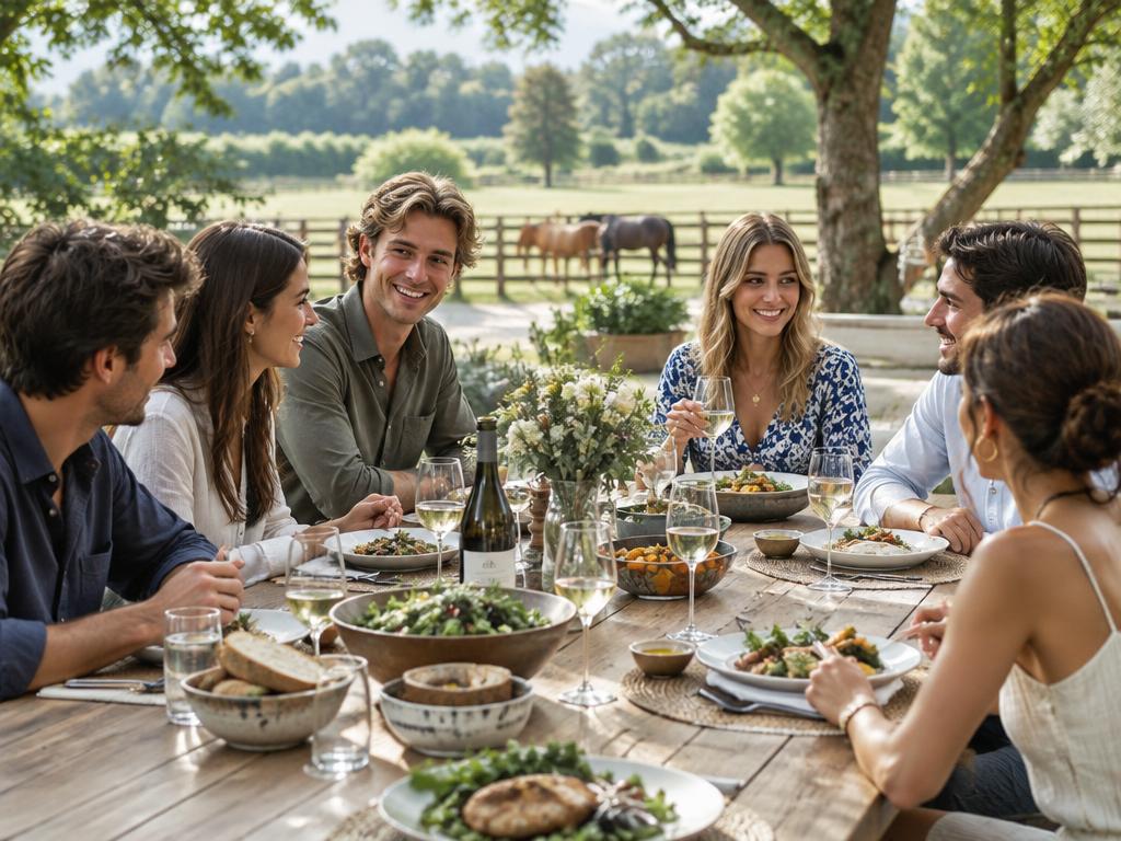 Jeunes amis à une grande table en plein air (illustration)